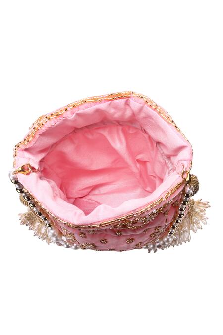 Buy_Nazaakat By Samara Singh_Pink Beads, Embroidery, Pearls, Tassels Leaf Motif Potli 