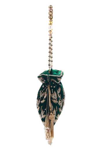 Nazaakat By Samara Singh Green Beads, Embroidery, Tassels, Pearls Leaf Motif Potli Bag Online at Aza Fashions Nazaakat By Samara Singh_Green Beads, Embroidery, Tassels, Pearls Leaf Motif Potli Bag _Online_at_Aza_Fashions
