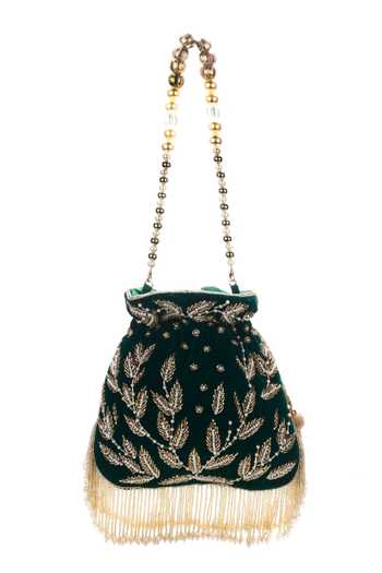 Buy Nazaakat By Samara Singh Green Beads, Embroidery, Tassels, Pearls Leaf Motif Potli Bag Online at Aza Fashions Buy_Nazaakat By Samara Singh_Green Beads, Embroidery, Tassels, Pearls Leaf Motif Potli Bag _Online_at_Aza_Fashions