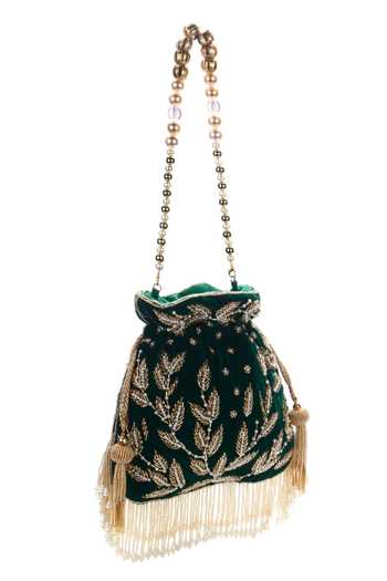 Shop Nazaakat By Samara Singh Green Beads, Embroidery, Tassels, Pearls Leaf Motif Potli Bag Online at Aza Fashions Shop_Nazaakat By Samara Singh_Green Beads, Embroidery, Tassels, Pearls Leaf Motif Potli Bag _Online_at_Aza_Fashions