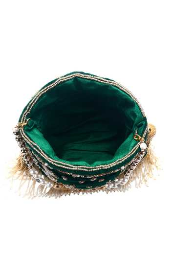 Nazaakat By Samara Singh Green Beads, Embroidery, Tassels, Pearls Leaf Motif Potli Bag at Aza Fashions Nazaakat By Samara Singh_Green Beads, Embroidery, Tassels, Pearls Leaf Motif Potli Bag _at_Aza_Fashions