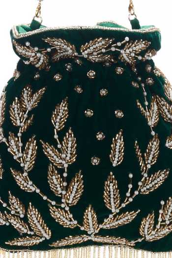 Buy Nazaakat By Samara Singh Green Beads, Embroidery, Tassels, Pearls Leaf Motif Potli Bag Buy_Nazaakat By Samara Singh_Green Beads, Embroidery, Tassels, Pearls Leaf Motif Potli Bag