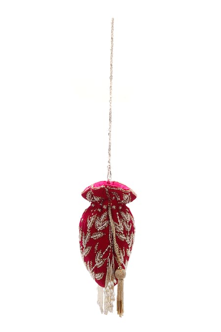 Nazaakat By Samara Singh_Red Beads, Embroidery, Pearls, Tassels Leaf And Potli Bag_Online_at_Aza_Fashions