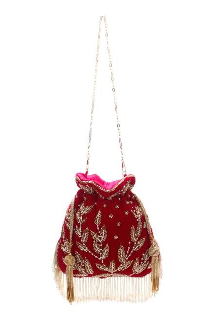 Buy_Nazaakat By Samara Singh_Red Beads, Embroidery, Pearls, Tassels Leaf And Potli Bag_Online_at_Aza_Fashions