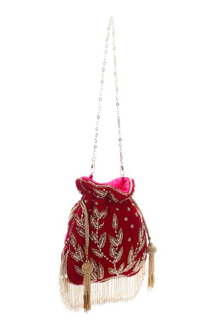 Shop_Nazaakat By Samara Singh_Red Beads, Embroidery, Pearls, Tassels Leaf And Potli Bag_Online_at_Aza_Fashions