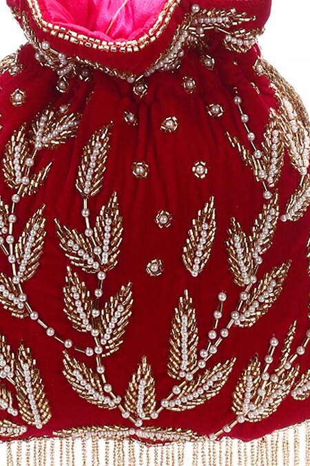 Nazaakat By Samara Singh_Red Beads, Embroidery, Pearls, Tassels Leaf And Potli Bag_at_Aza_Fashions