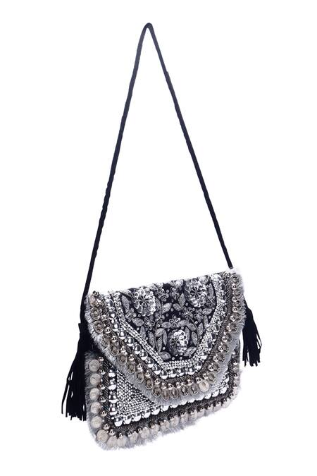 Shop_Nazaakat By Samara Singh_Silver Beads, Sequins, Embroidery, Tassels Coin And Boho Bag_Online_at_Aza_Fashions