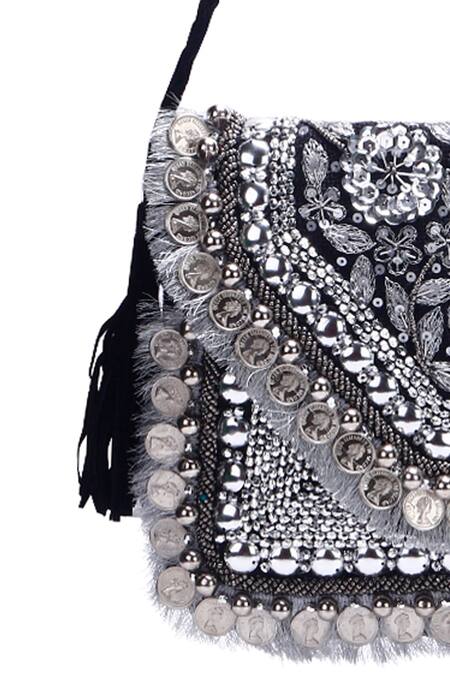 Nazaakat By Samara Singh_Silver Beads, Sequins, Embroidery, Tassels Coin And Boho Bag_at_Aza_Fashions