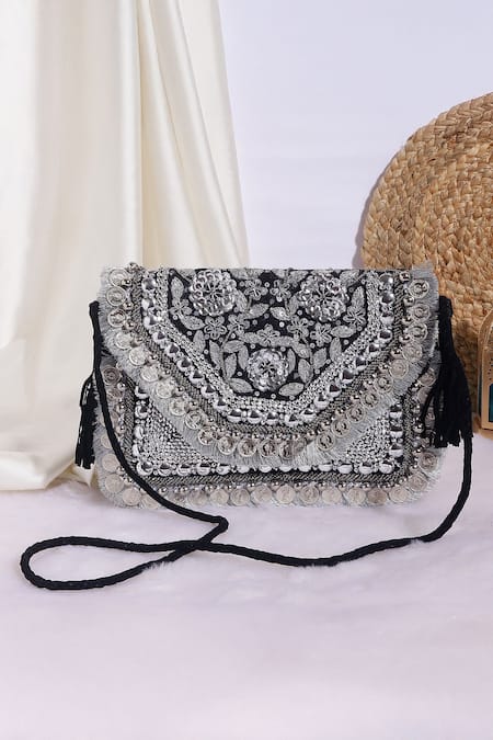 Nazaakat By Samara Singh Embroidered Coin & Tassel Boho Bag 