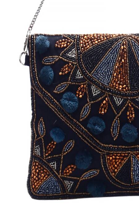 Buy_Nazaakat By Samara Singh_Black Beads, Pom-poms Beaded And Embellished Clutch Bag 