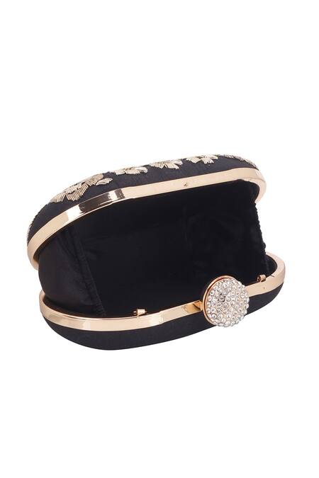 Nazaakat By Samara Singh_Black Embroidery, Rhinestones, Pearls Floral Zardozi Oval Clutch_Online_at_Aza_Fashions