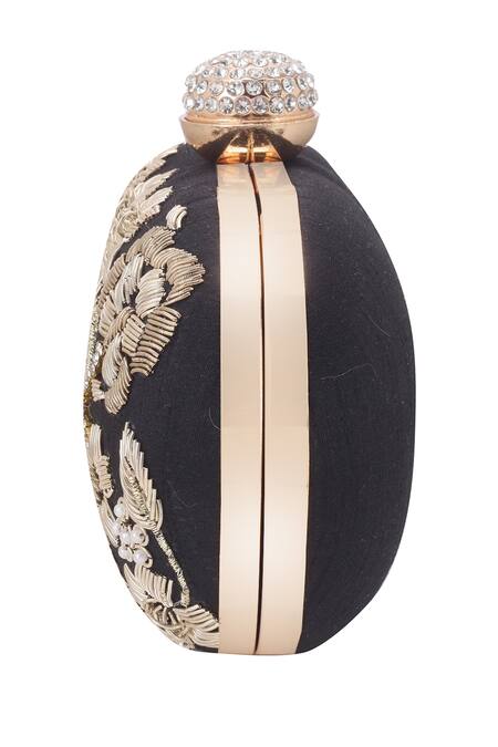 Buy_Nazaakat By Samara Singh_Black Embroidery, Rhinestones, Pearls Floral Zardozi Oval Clutch_Online_at_Aza_Fashions