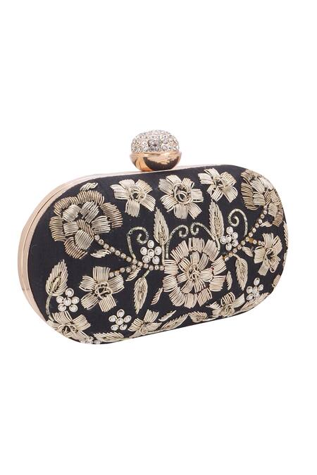 Shop_Nazaakat By Samara Singh_Black Embroidery, Rhinestones, Pearls Floral Zardozi Oval Clutch_Online_at_Aza_Fashions