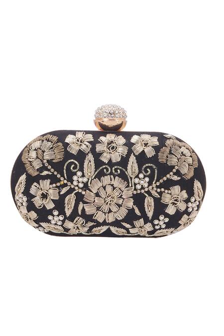 Nazaakat By Samara Singh_Black Embroidery, Rhinestones, Pearls Floral Zardozi Oval Clutch_at_Aza_Fashions