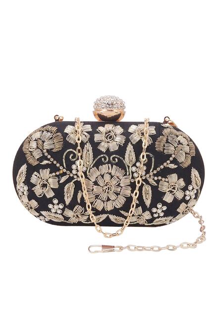 Buy_Nazaakat By Samara Singh_Black Embroidery, Rhinestones, Pearls Floral Zardozi Oval Clutch