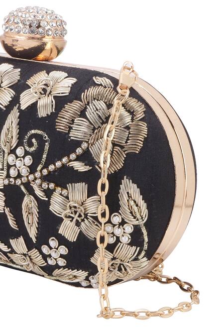 Shop_Nazaakat By Samara Singh_Black Embroidery, Rhinestones, Pearls Floral Zardozi Oval Clutch