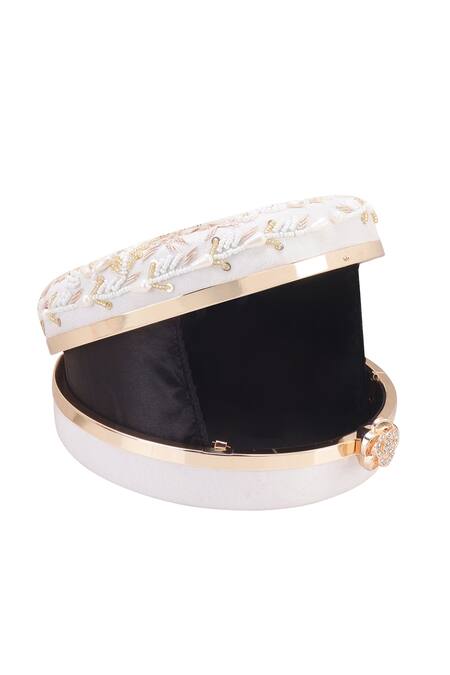 Nazaakat By Samara Singh_White Beads, Pearls, Sequins, Crystals, Embroidery Round Clutch_Online_at_Aza_Fashions