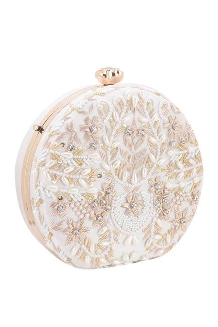 Shop_Nazaakat By Samara Singh_White Beads, Pearls, Sequins, Crystals, Embroidery Round Clutch_Online_at_Aza_Fashions