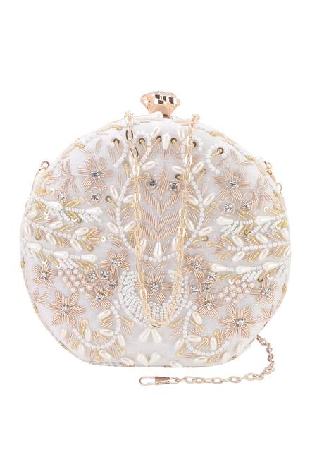 Nazaakat By Samara Singh_White Beads, Pearls, Sequins, Crystals, Embroidery Round Clutch_at_Aza_Fashions