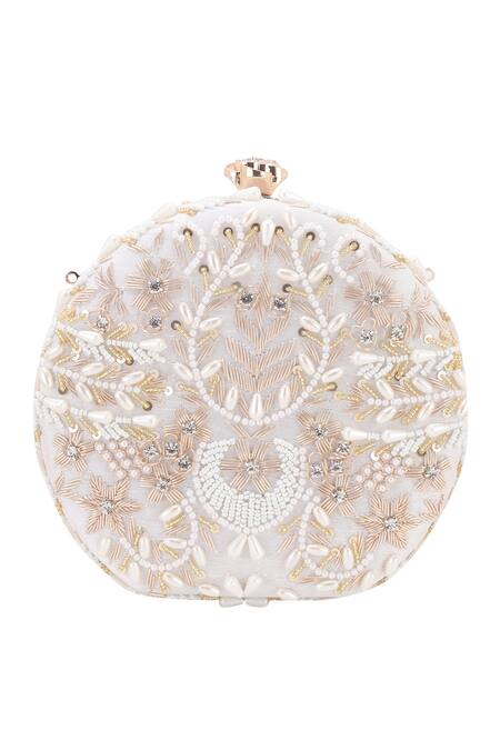 Buy_Nazaakat By Samara Singh_White Beads, Pearls, Sequins, Crystals, Embroidery Round Clutch