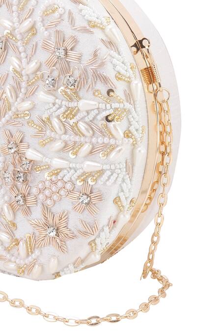 Shop_Nazaakat By Samara Singh_White Beads, Pearls, Sequins, Crystals, Embroidery Round Clutch