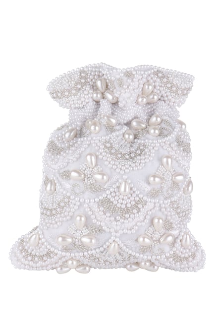 Shop Nazaakat By Samara Singh White Pearls, Beads, Tassels And Embellished Potli Bag at Aza Fashions Shop_Nazaakat By Samara Singh_White Pearls, Beads, Tassels And Embellished Potli Bag _at_Aza_Fashions