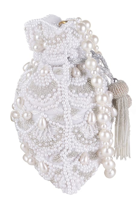 Nazaakat By Samara Singh White Pearls, Beads, Tassels And Embellished Potli Bag at Aza Fashions Nazaakat By Samara Singh_White Pearls, Beads, Tassels And Embellished Potli Bag _at_Aza_Fashions