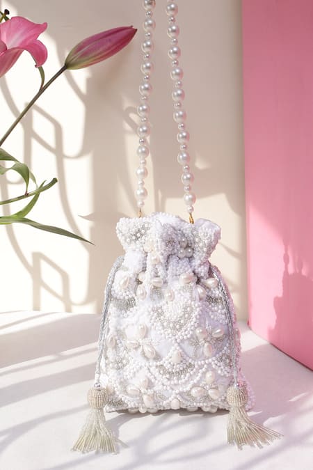 Nazaakat By Samara Singh White Pearls, Beads, Tassels And Embellished Potli Bag 