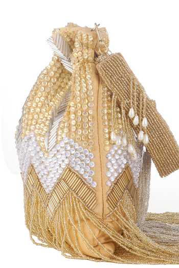 Nazaakat By Samara Singh_Gold Beads, Sequins, Tassels, Pearls Beaded Chevron Pattern Potli Bag _at_Aza_Fashions