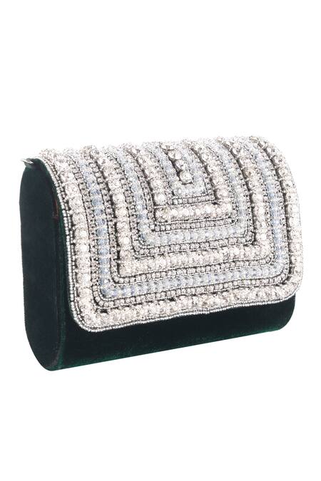 Shop_Nazaakat By Samara Singh_Green Crystals, Beads Velvet And Embellished Flap Bag_Online_at_Aza_Fashions
