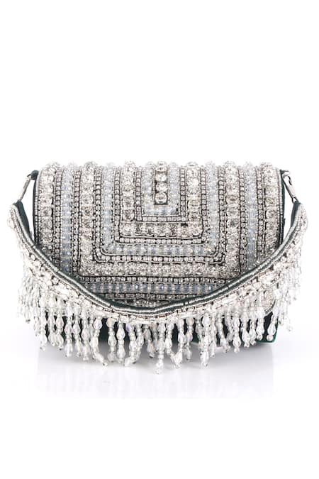 Nazaakat By Samara Singh_Green Crystals, Beads Velvet And Embellished Flap Bag_at_Aza_Fashions