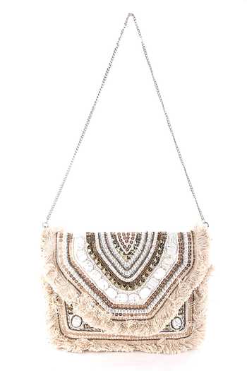 Shop_Nazaakat By Samara Singh_Off White Beads, Sequins, Stones Fringe And Embellished Boho Bag _Online_at_Aza_Fashions