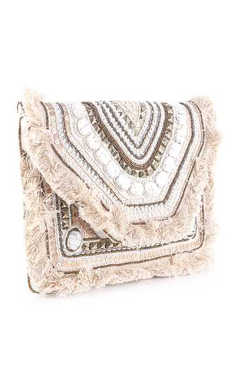 Nazaakat By Samara Singh_Off White Beads, Sequins, Stones Fringe And Embellished Boho Bag _at_Aza_Fashions