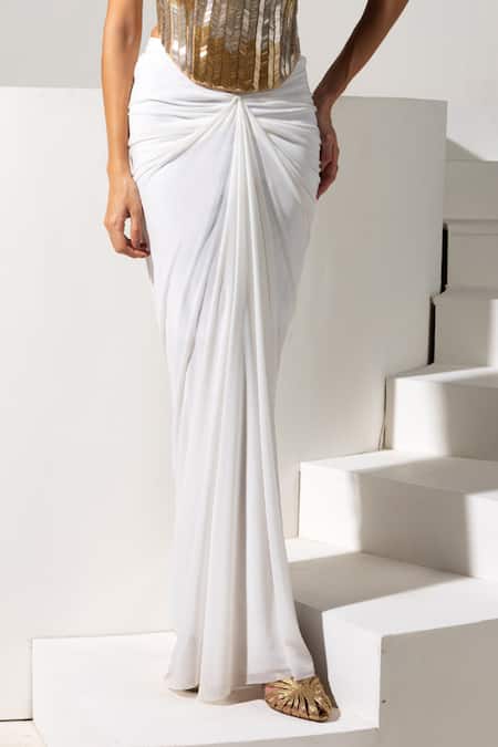 Buy_Vesture_Gold Lycra, Mesh Zari, Beads Bandeau Neck Radiance Corset And White Draped Skirt _Online_at_Aza_Fashions
