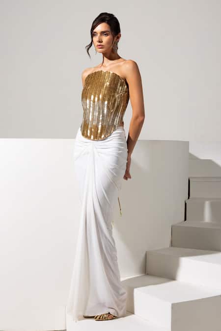 Shop_Vesture_Gold Lycra, Mesh Zari, Beads Bandeau Neck Radiance Corset And White Draped Skirt _Online_at_Aza_Fashions
