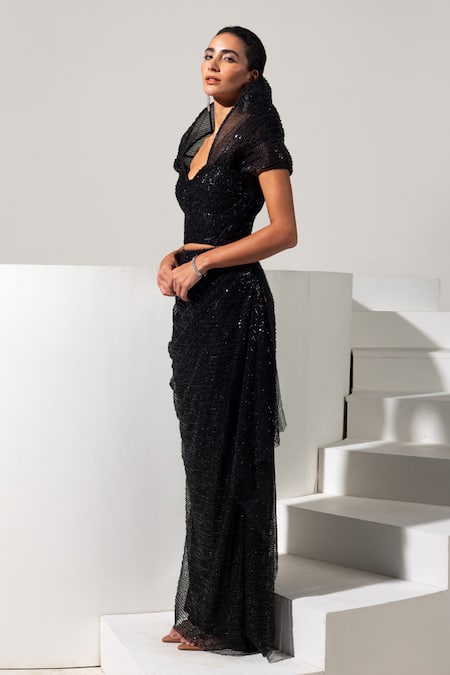 Vesture_Black Mesh Embroidery, Sequins Raven 3d Structured Corset And Draped Skirt Set _Online_at_Aza_Fashions