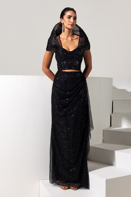 Vesture Raven 3d Structured Corset & Draped Skirt Set 