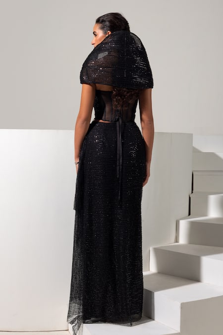 Vesture Raven 3d Structured Corset & Draped Skirt Set 