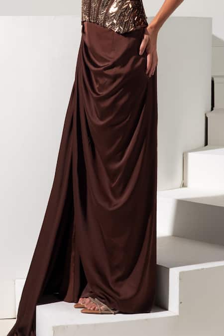 Buy_Vesture_Brown Satin Embroidery, Crystals Sweetheart Bronza Corset And Draped Skirt Set _Online_at_Aza_Fashions