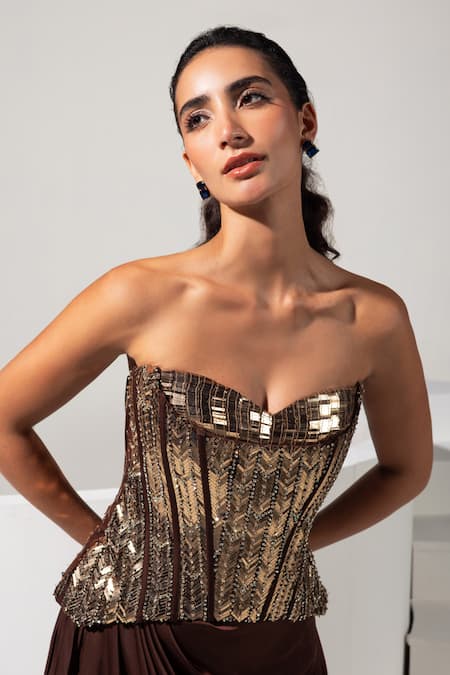 Shop_Vesture_Brown Satin Embroidery, Crystals Sweetheart Bronza Corset And Draped Skirt Set _Online_at_Aza_Fashions