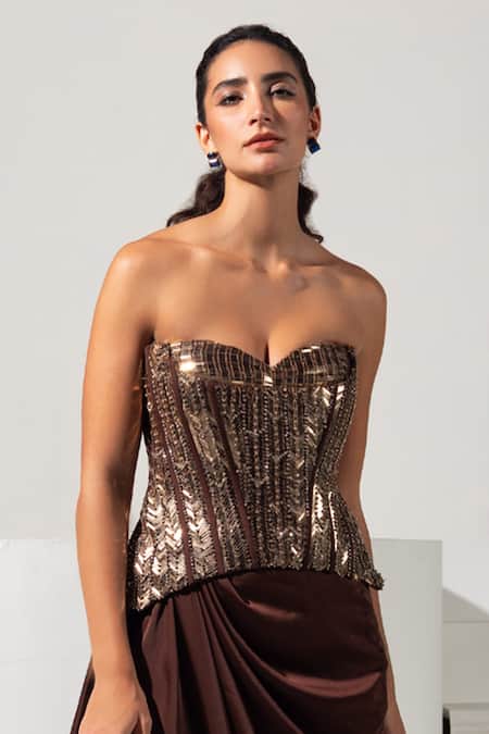 Vesture_Brown Satin Embroidery, Crystals Sweetheart Bronza Corset And Draped Skirt Set _at_Aza_Fashions
