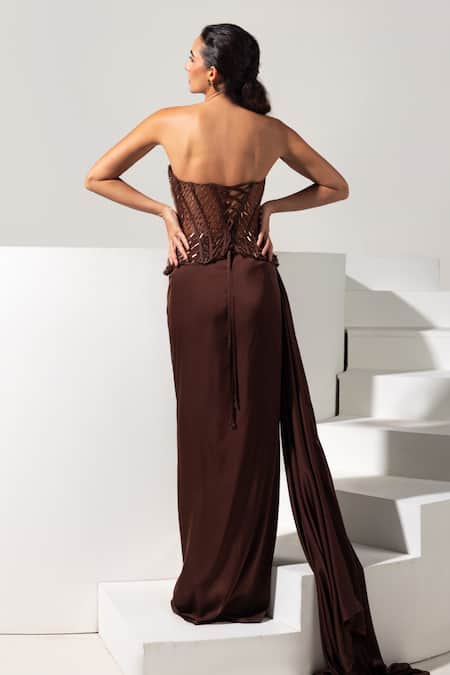 Vesture Bronza Embroidered Corset & Draped Skirt Set 