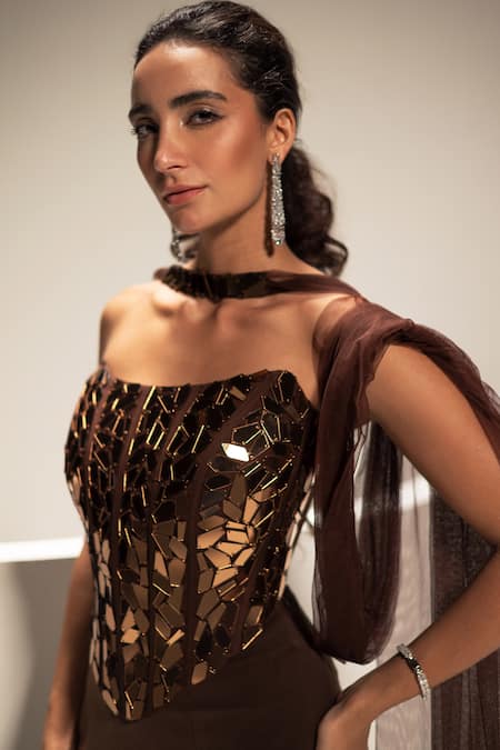 Vesture_Brown Mesh Mirrors, Embroidery Bandeau Neck Mocha Corset With Fishcut Skirt Set _Online_at_Aza_Fashions