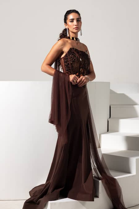 Buy_Vesture_Brown Mesh Mirrors, Embroidery Bandeau Neck Mocha Corset With Fishcut Skirt Set _Online_at_Aza_Fashions