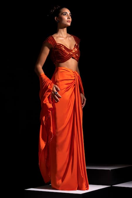 Vesture Orange Satin Embroidery Sweetheart Neck Flame Pre-draped Saree With Blouse Online at Aza Fashions Vesture_Orange Satin Embroidery Sweetheart Neck Flame Pre-draped Saree With Blouse _Online_at_Aza_Fashions