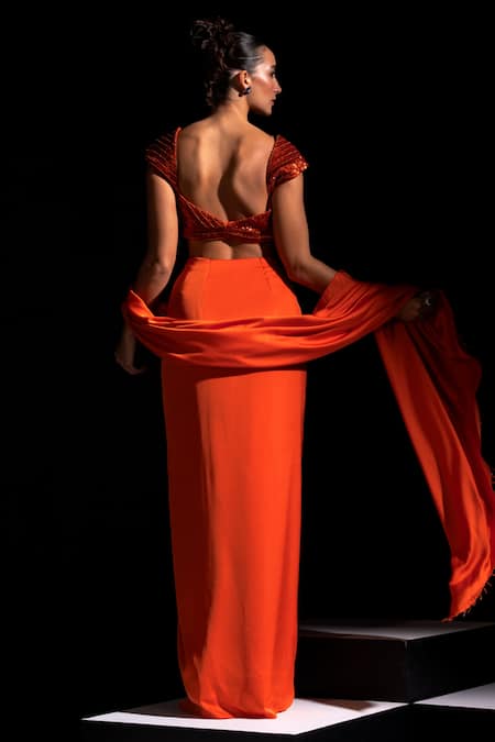 Shop Vesture Orange Satin Embroidery Sweetheart Neck Flame Pre-draped Saree With Blouse at Aza Fashions Shop_Vesture_Orange Satin Embroidery Sweetheart Neck Flame Pre-draped Saree With Blouse _at_Aza_Fashions