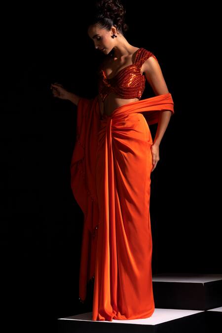 Buy Vesture Orange Satin Embroidery Sweetheart Neck Flame Pre-draped Saree With Blouse Online at Aza Fashions Buy_Vesture_Orange Satin Embroidery Sweetheart Neck Flame Pre-draped Saree With Blouse _Online_at_Aza_Fashions