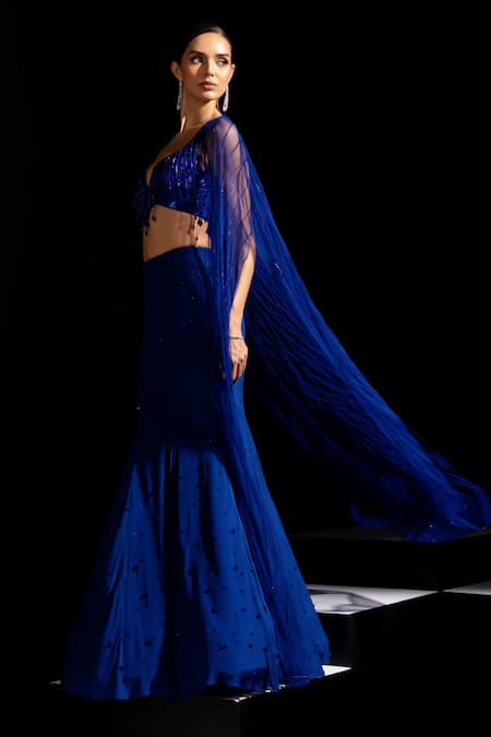 Vesture Blue Mesh, Crepe Beads, Tassels, Sapphire Fishcut Skirt Set With Cape Online at Aza Fashions Vesture_Blue Mesh, Crepe Beads, Tassels, Sapphire Fishcut Skirt Set With Cape _Online_at_Aza_Fashions
