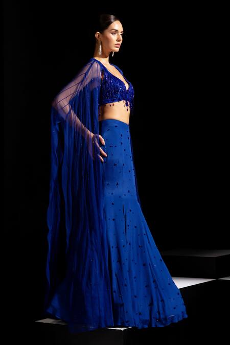 Shop Vesture Blue Mesh, Crepe Beads, Tassels, Sapphire Fishcut Skirt Set With Cape Online at Aza Fashions Shop_Vesture_Blue Mesh, Crepe Beads, Tassels, Sapphire Fishcut Skirt Set With Cape _Online_at_Aza_Fashions
