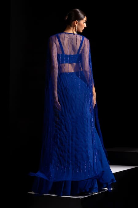 Vesture Sapphire Embroidered Fishcut Skirt Set With Cape 